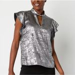 Worthington 0X Shimmering Silver Blouse Keyhole Neck Short Sleeve Satin Photo 9