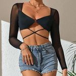 SheIn  Black Sheer Long Sleeve Crop Top Photo 0