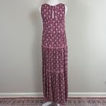 Max Studio Floral Tiered Boho Burgundy Maxi Dress High Neck Pockets Size Medium Photo 8