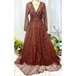 Mac Duggal  Embellished Illusion Long Sleeve V-Neck Gown Chocolate 12 Photo 6