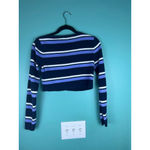 John Galt  Striped Button Front Cropped Sweater — Navy Blue Purple White — One Si Photo 5