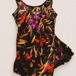 Vintage black 80s floral tropical ruffle skirt one piece swimsuit size 14 Large Red Photo 0