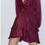 ZARA Balloon Sleeve Satin Silky Ruffle Mini Dress Burgundy Photo 0