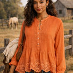 Johnny Was  Leonie Pintuck Blouse - Coral/Salmon Eyelet Lace - Size Small Photo 0