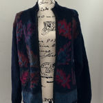 Vtg 100% Wool Navy Cardigan – Handcrafted Look, Multicolor Leaf Pattern, Sz M Blue Size M Photo 0