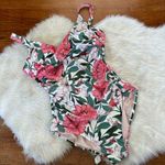 Kona Sol Pink White & Green Floral Open Back Ruched One Piece Swimsuit Photo 0
