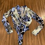A3 snake skin pattern blue white faux wrap v neck low cut body suit size small Photo 0