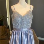 Women’s Full Length Lace Appliqué Satin Prom Party Dress with Leg Slit Size 12 Blue Photo 1