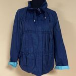 Tahari 🛍️ Navy Blue Mint 3/4 Sleeve Hoodless High Collar Ruffle Frill Jacket L Photo 1