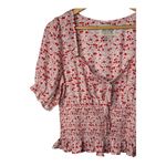 Atap Floral Smocked Tie Front Top Blouse Red White Short Sleeve Ruffle Size XL Photo 2