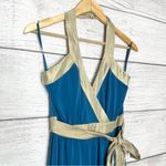 BCBG Paris Teal Blue & Shimmery Gold Belted Halter Mini Dress Size 4 Small Photo 1