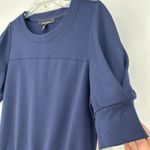 White House | Black Market WHBM  Pleated Sleeve Knit Top Navy Blue Crew Neck Size S Photo 2