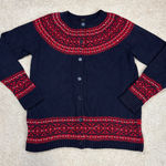 Talbots Navy Blue and Red Fair Isle Lambswool Blend Button Down Cardigan Size MP Photo 0