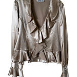 Bloomingdales Vintage Satin Ruffle Peplum Blouse SZ L Poet Sleeve Tan V Neck Button Up Romanti Photo 0