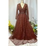 Mac Duggal  Embellished Illusion Long Sleeve V-Neck Gown Chocolate 12 Photo 4