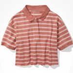 American Eagle Salmon Pink and White Striped Cropped Polo Shirt Photo 1