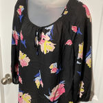 Elle  Black Floral Print Long Sleeve Blouse Women Size L Sheer Lightweight Photo 0