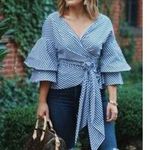 Anthropologie BeachLunchLounge Striped Tiered Ruffle Sleeve Wrap Bow Blouse Top Shirt Photo 1