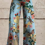 Floral Print Wide Leg Pants High Waist Bohemian Style Trousers L Blue Size L Photo 0