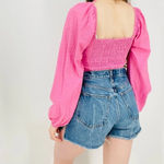Revolve  Sophie Rue Ruched Longsleeve Cropped Top in Barbie Pink Size S Photo 6