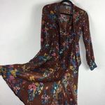 ZARA  Brown 70s Vintage Floral Satin Tie Neck Aline Long Sleeve Midi Dress Small Photo 12