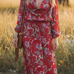Vintage 80s Designer Diane Freis 100% Silk Beaded Plunge‎ Floral Midi Dress S M Red Photo 0
