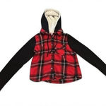 No Boundaries Plaid Flannel Shirt Jacket XS Sherpa Hood Red Cabin Core‎ Cozy Grunge Y2K Skater Photo 0