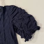 Democracy Floral Embroidered Button Front Blouse Ruffle Trim Women’s Medium Navy Photo 4