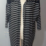 Black white stripe lace shoulder open front short sleeve cardigan woman’s medium Photo 0