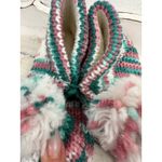 NEW Handmade Knit Slippers Pom Pom Striped Pink Green White Cozy House Shoes 9" Size 7 Photo 4