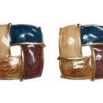 Vintage Marbleized Chunky Woven Square Women's Enamel Gold Tone Stud Earrings Photo 2