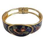 Vintage Cloisonné Blue Enamel Bird & Flower Hinged Bangle Bracelet Photo 4