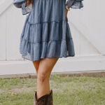 Altar'd State Altar’d State Dusty Blue Swiss Dot Mini Dress Photo 0