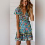 Princess Polly  V-Neck Floral Print Ruffle Wrap Mini Dress Blue‎ Bohemian Size 2 Photo 5