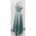Vintage 90s Satin Gown Fit & Flare Floral Lace Bodice Bow Back Mint Green Blue 4 Photo 7