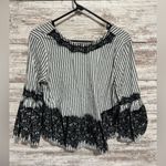 ZARA Woman Striped Lace Trim Bell Sleeve V Neck Tie Back Blouse Top Size S Photo 3