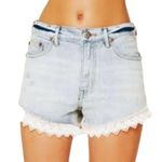 Free People  Women’s 26 Light Blue White Lace Trimmed Cut Off Denim Jean Shorts Photo 2