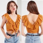 Urban Outfitters UO‎  Ruffle Tie-Front Top Textured Cropped Small Boho Cottage Photo 1