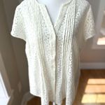 Van Heusen  Ivory Cream Eyelet Lace V Neck Button Down Short Sleeve Blouse Large Photo 0