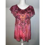 Y2K 2000s Floral Print Lettuce Cap Sleeve Whimsy Fairy Grunge Boho Top SMALL Pink Photo 2