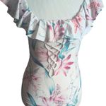 La Blanca Floral Ruffle Off-Shoulder Lace-Up One-Piece Swimsuit US 6 Photo 0
