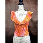 ZARA Sleeveless Stretch Summer Jacquard Paisley Ruffle Top Orange Yellow size S Photo 3