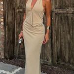 ZARA  dress maxi bodycon fitted halter plunge neck open back evening wedding  Photo 8