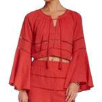 Free People Boho Bell-Sleeve Peasant Top Blouse Red Lace Inset Tie Neck – Size M Photo 1