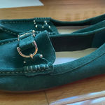 Isaac Mizrahi  Emerald Suede Loafers with Gold Detail Photo 0