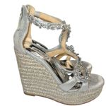 Badgley Mischka  Crystal Espadrille Wedge Platform Sandals Silver Leather Size 5 Photo 0