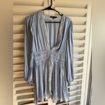 Maje  Light Blue Dress with White Lace Detail Embroidered Satin Photo 6