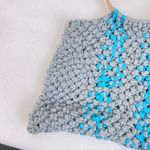 Handmade  Crochet Tote Bag Gray Blue Striped Yarn Purse with Wooden Round Handles Photo 1