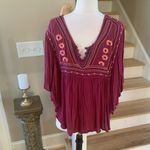 Japna  Flowy Top Hippie Boho Shirt Maroon Embroidered Womens M Batwing Dohlman Photo 2