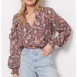Evereve  Clara Floral Paisley Long Sleeve V Neck Blouse Top Maroon Small Photo 0